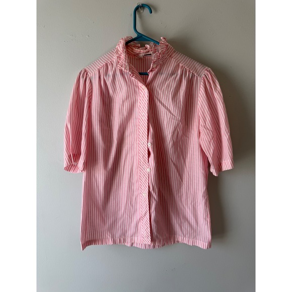 Honors Tops - Vintage Honors Pink White Striped Ruffle Neck Puff Sleeve Blouse Top Size 11/12